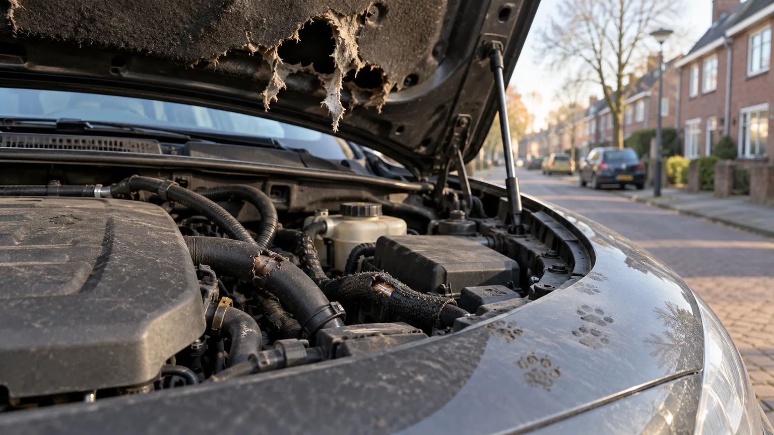 Geopende motorkap met aangevreten slangen en een gescheurde isolatiemat